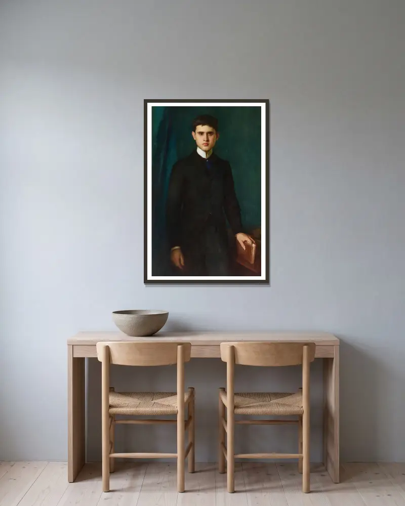Porträtt av Joannes de Stuers vid 20 års ålder av Pascal-Adolphe-Jean Dagnan-Bouveret inramad på en vägg