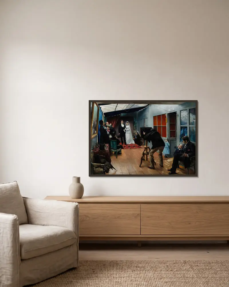 Bröllop i fotografens studio av Pascal-Adolphe-Jean Dagnan-Bouveret inramad på en vägg