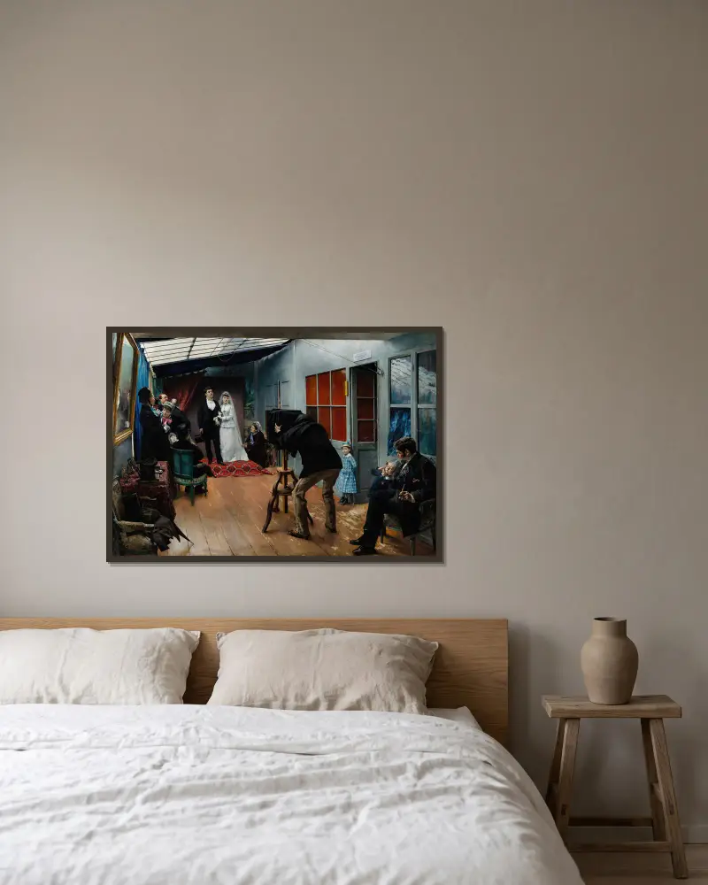 Bröllop i fotografens studio av Pascal-Adolphe-Jean Dagnan-Bouveret inramad på en vägg