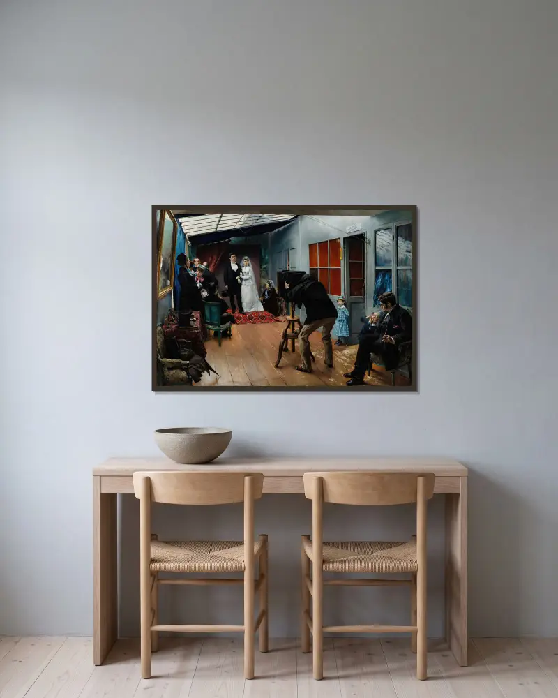 Bröllop i fotografens studio av Pascal-Adolphe-Jean Dagnan-Bouveret inramad på en vägg