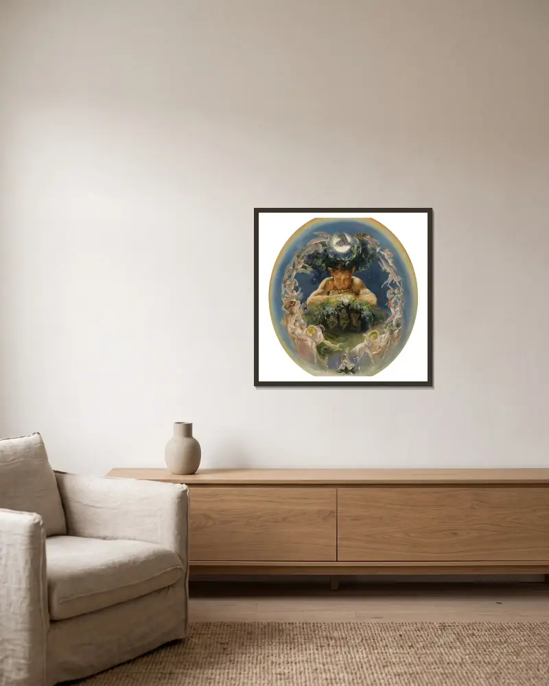 Pan und die tanzenden Elfen (Der Faun und die Elfen) von Daniel Maclise gerahmt an einer Wand