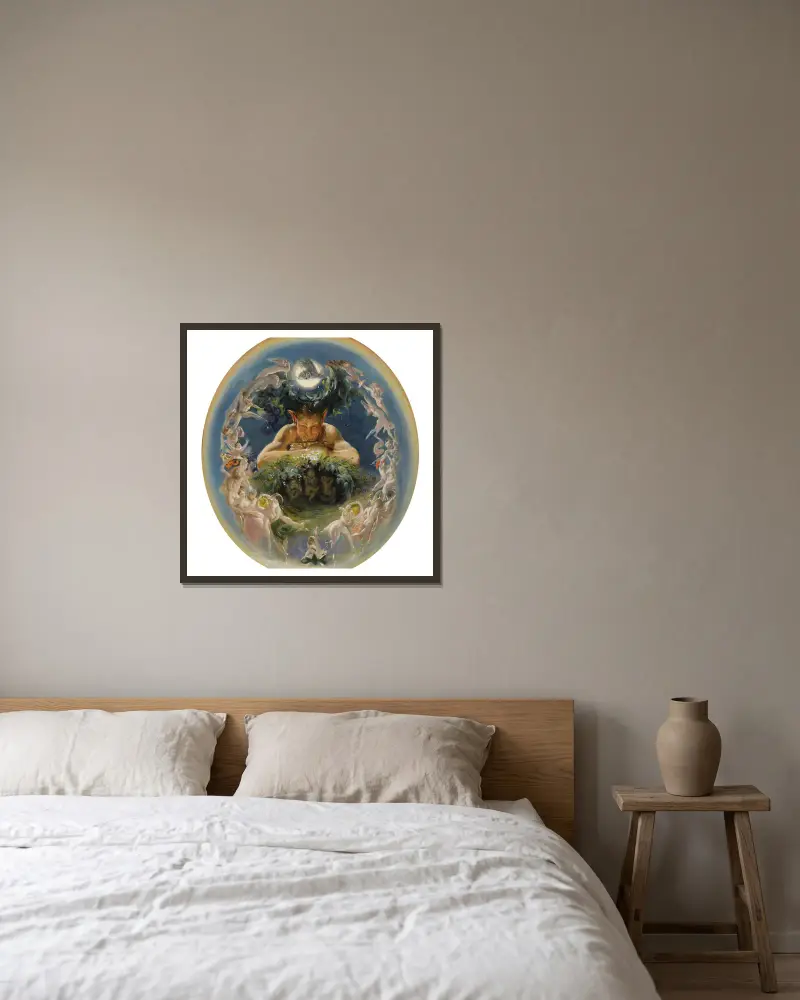 Pan und die tanzenden Elfen (Der Faun und die Elfen) von Daniel Maclise gerahmt an einer Wand