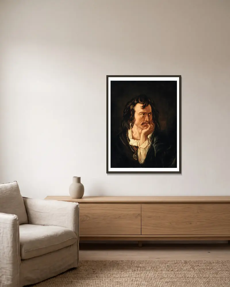 Portrait of Edmund Kean (1787-1833), Actor, as Hamlet av Daniel Maclise inramad på en vägg