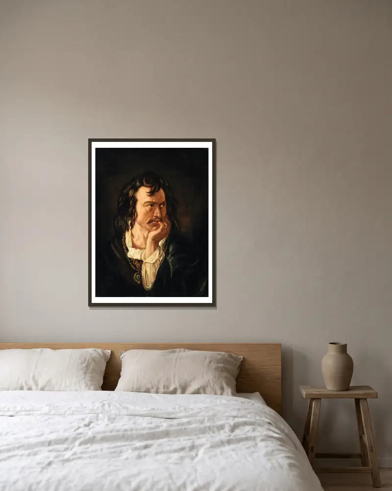 Portrait of Edmund Kean (1787-1833), Actor, as Hamlet av Daniel Maclise inramad på en vägg