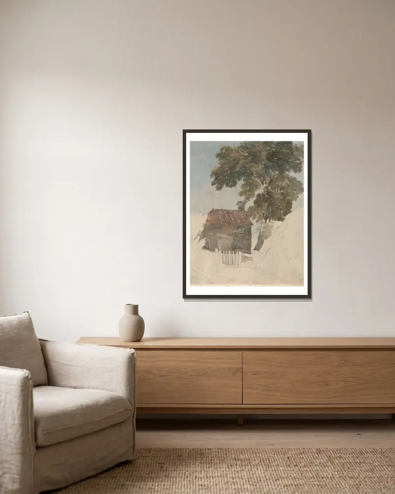 Cottage and Trees av David Cox inramad på en vägg