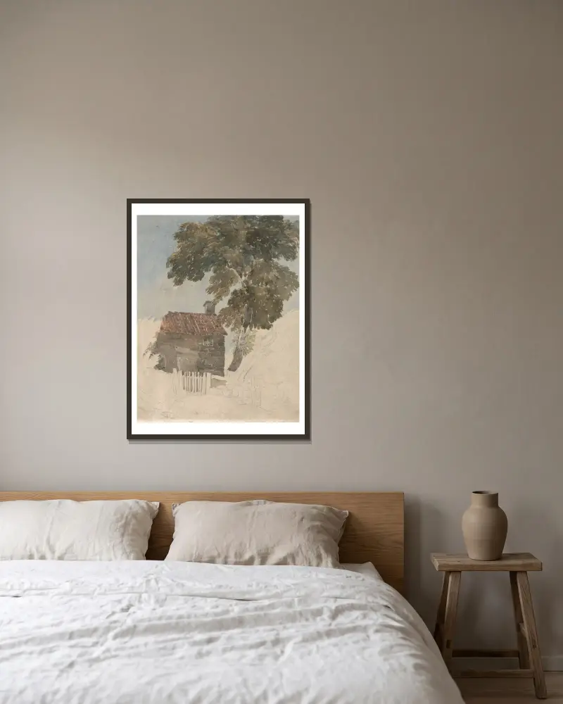Cottage and Trees av David Cox inramad på en vägg