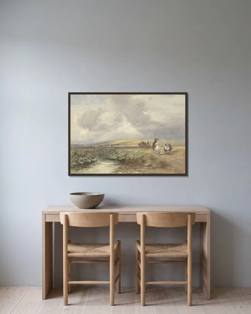 Landschap met reizigers av David Cox inramad på en vägg