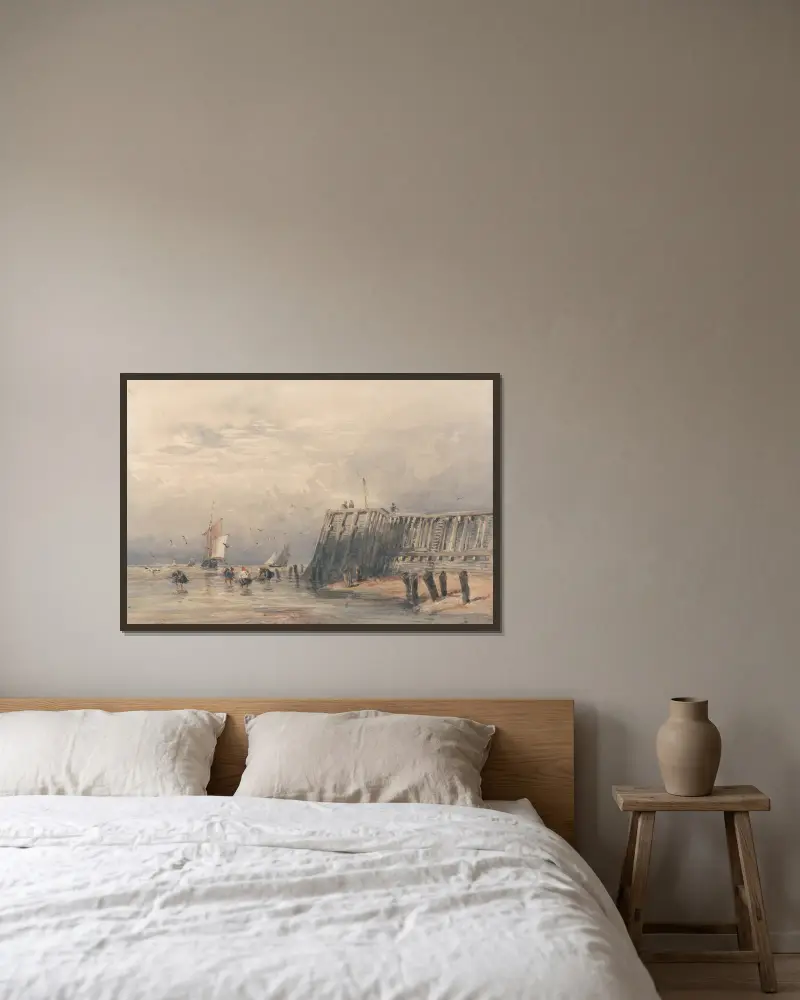 Segelpråmar och räktfiskare vid en pir av David Cox inramad på en vägg