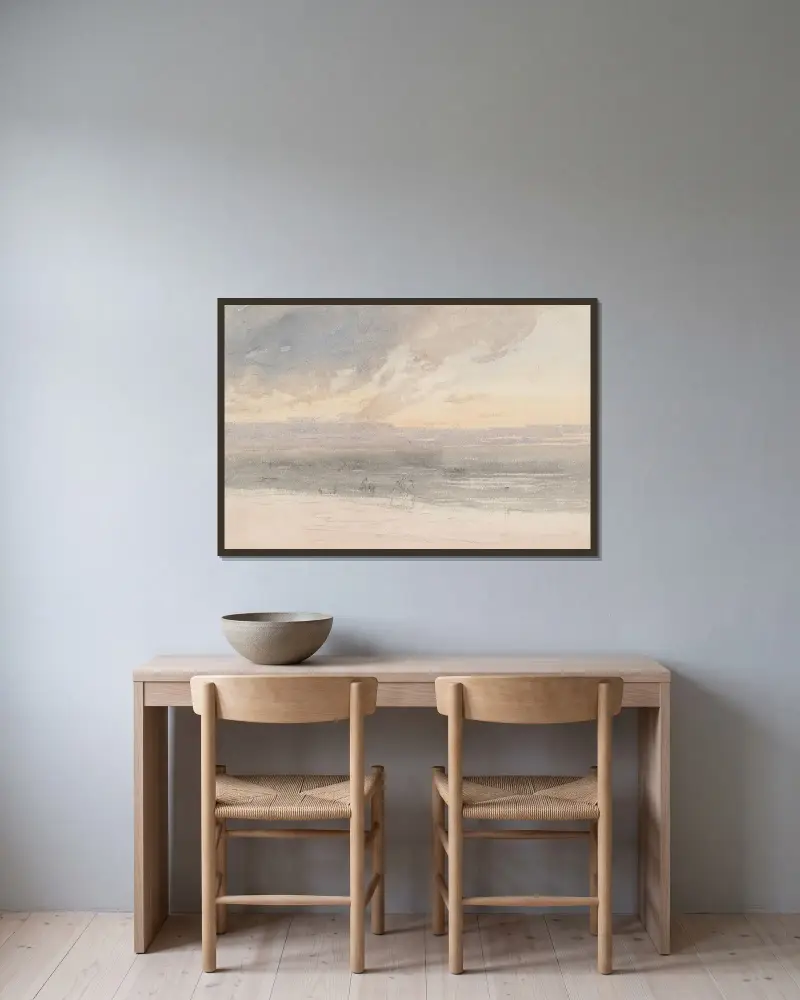 Sonnenuntergang vom Strand aus von David Cox gerahmt an einer Wand