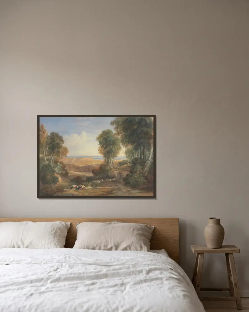 Mötet mellan Severn och Wye med Chepstow i fjärran av David Cox inramad på en vägg