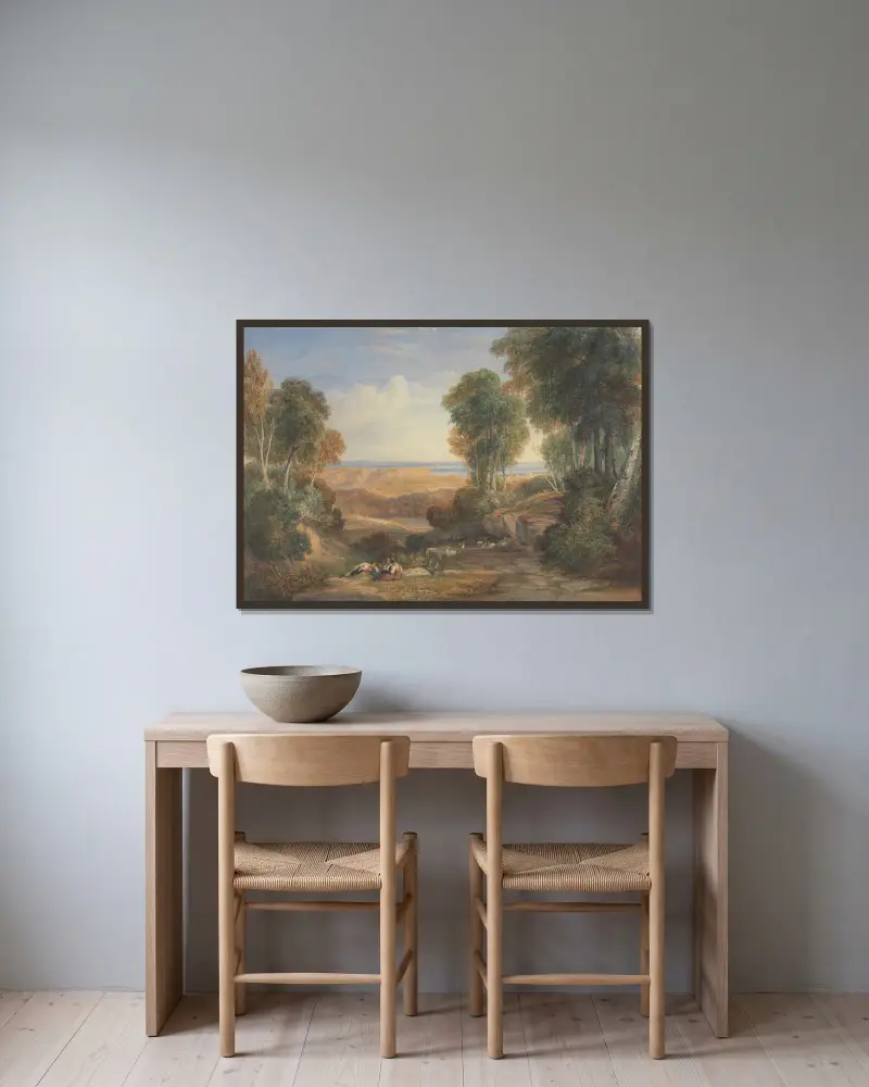 Mötet mellan Severn och Wye med Chepstow i fjärran av David Cox inramad på en vägg