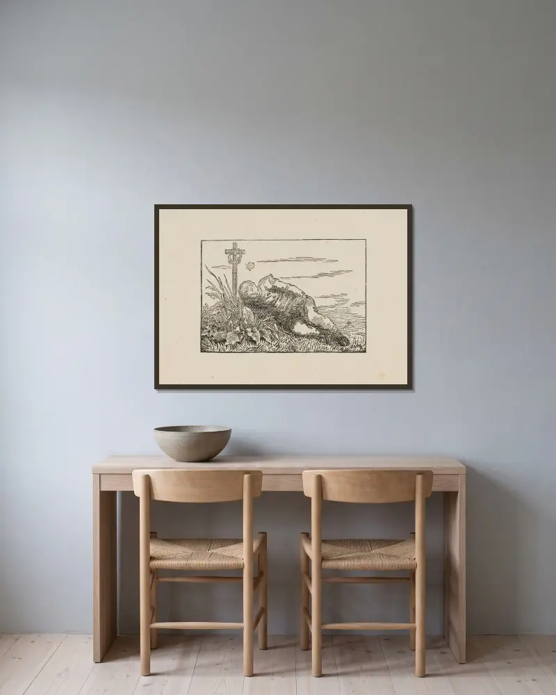 Sovande pojke på en grav av Caspar David Friedrich inramad på en vägg