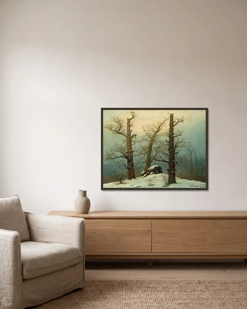 Röse i snö av Caspar David Friedrich inramad på en vägg