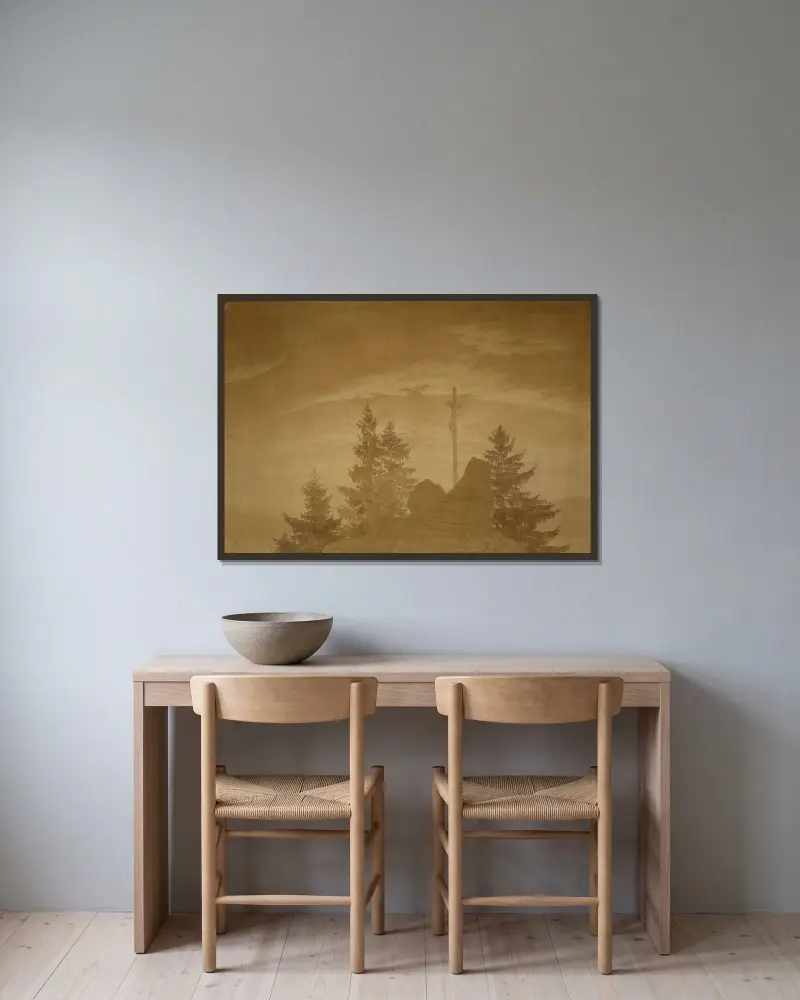 Korset i bergen av Caspar David Friedrich inramad på en vägg