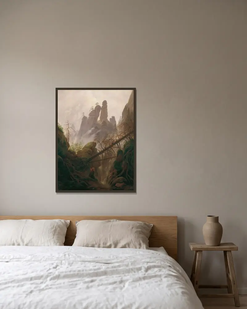 Klipplandskap i Elbsandsteingebirge av Caspar David Friedrich inramad på en vägg