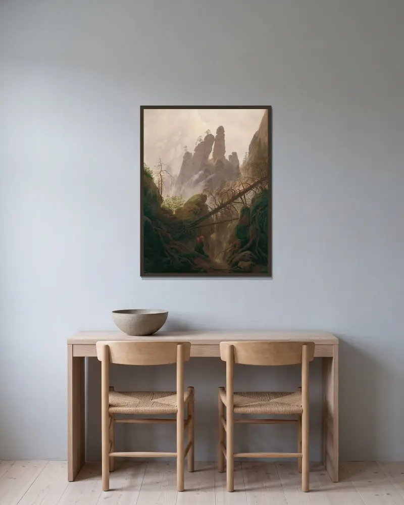 Klipplandskap i Elbsandsteingebirge av Caspar David Friedrich inramad på en vägg