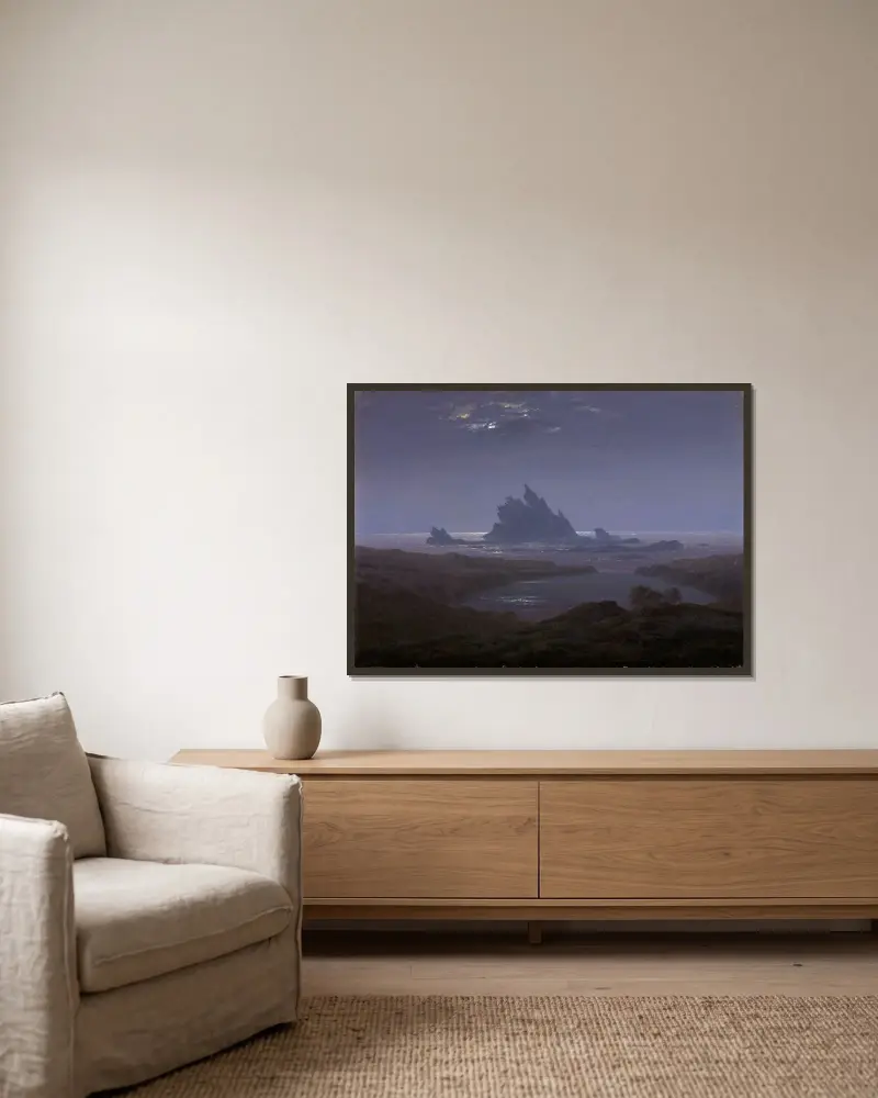 Klipprev vid havsstranden av Caspar David Friedrich inramad på en vägg