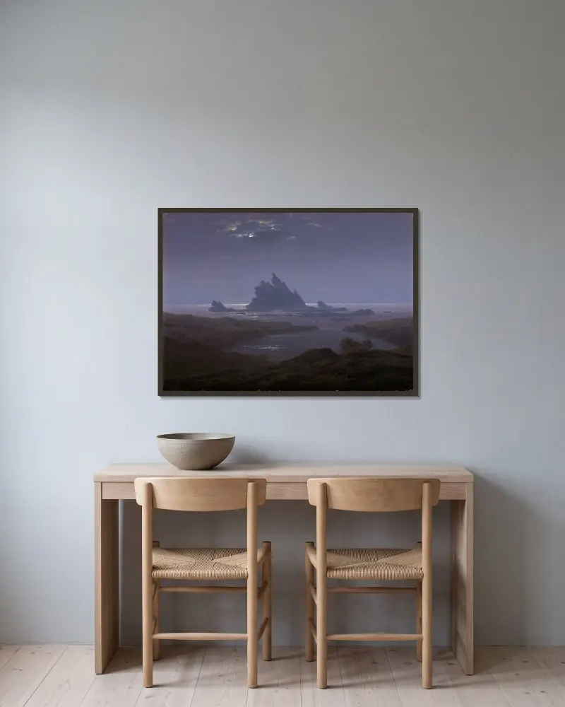 Klipprev vid havsstranden av Caspar David Friedrich inramad på en vägg