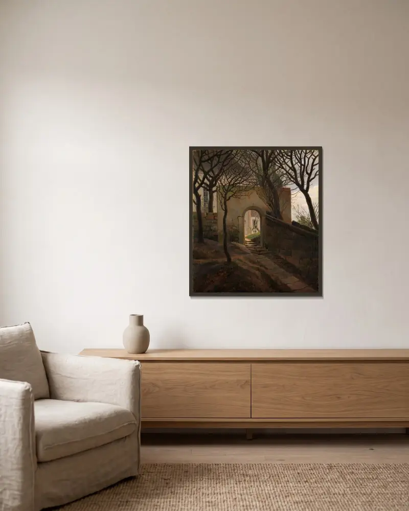 Kyrkogårdsporten av Caspar David Friedrich inramad på en vägg