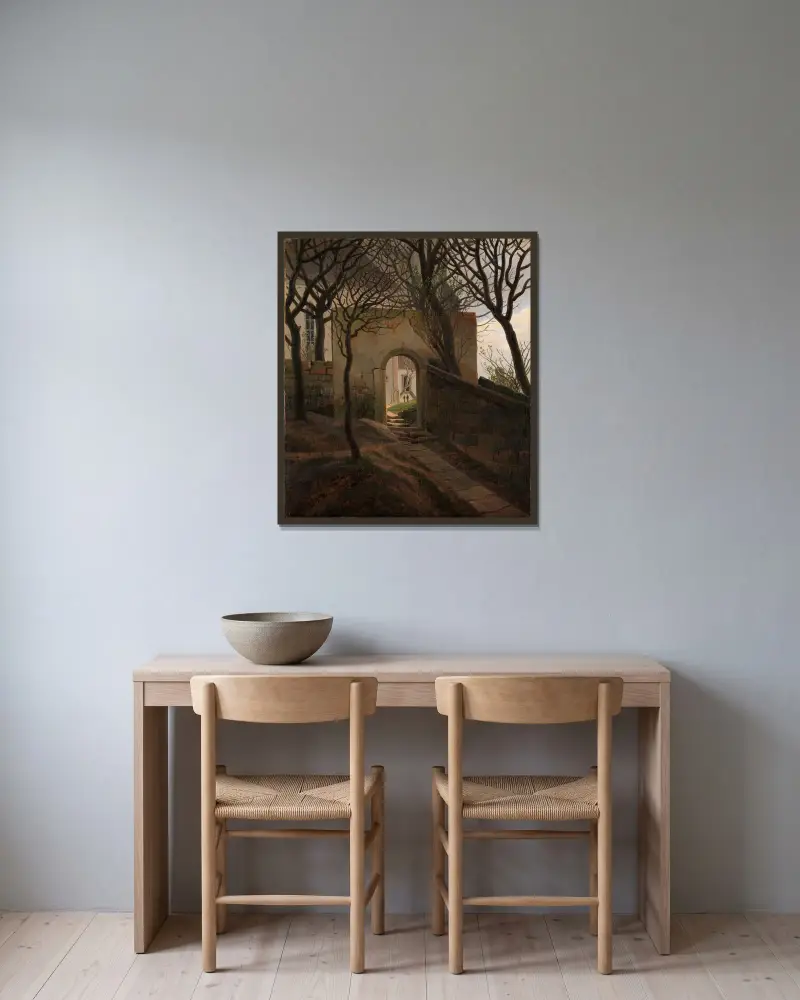 Kyrkogårdsporten av Caspar David Friedrich inramad på en vägg