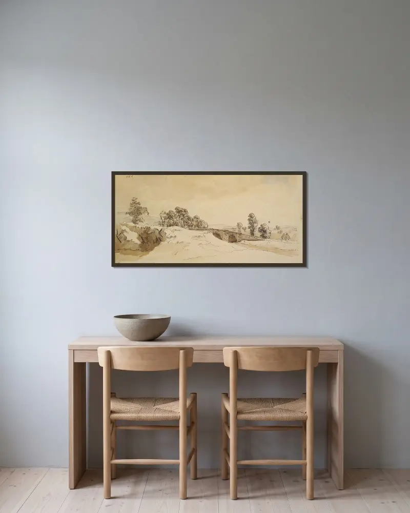 Landskap med bro av Caspar David Friedrich inramad på en vägg