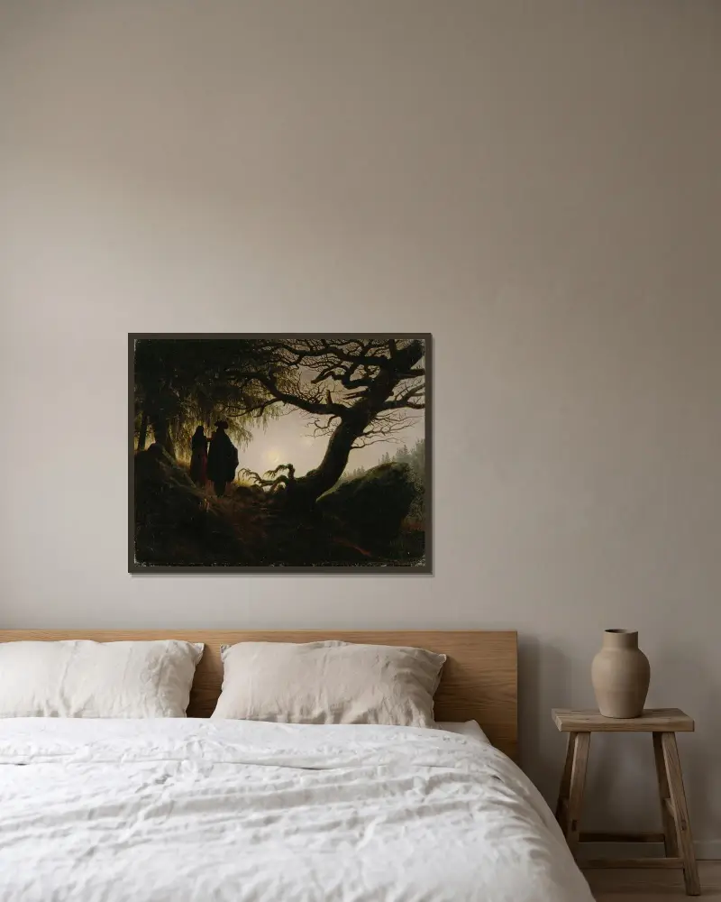 Man och kvinna betraktar månen av Caspar David Friedrich inramad på en vägg