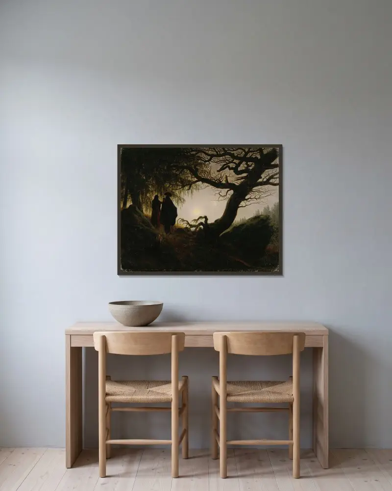 Man och kvinna betraktar månen av Caspar David Friedrich inramad på en vägg