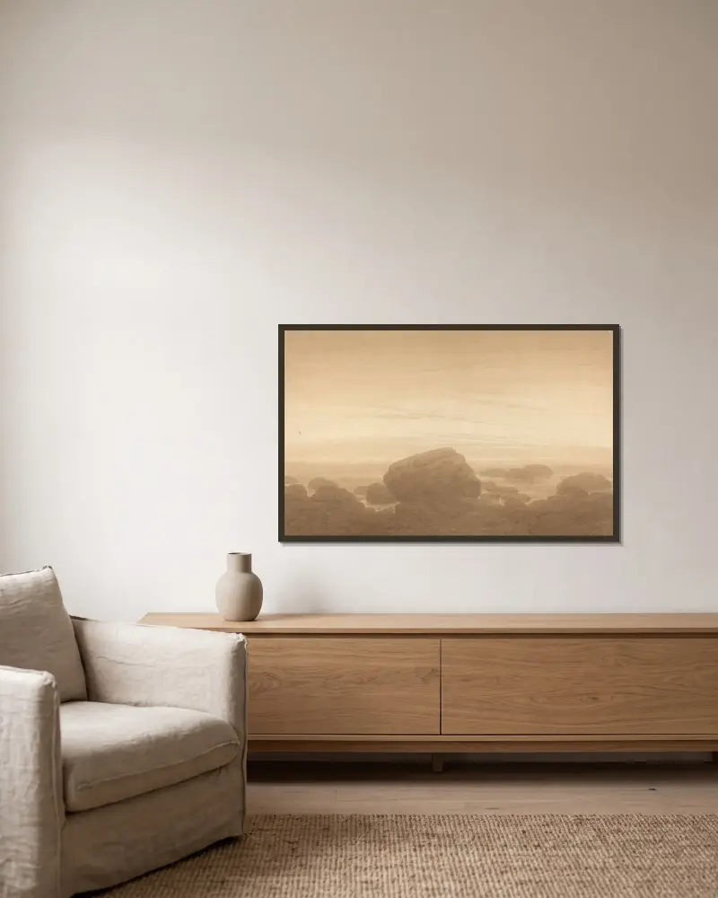 Månuppgång över enslig strand av Caspar David Friedrich inramad på en vägg