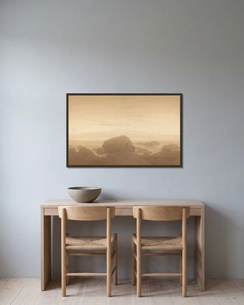 Månuppgång över enslig strand av Caspar David Friedrich inramad på en vägg