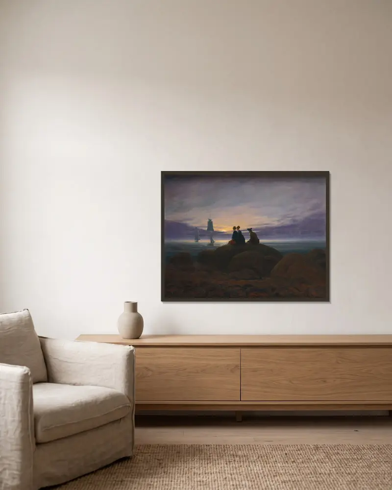 Månuppgång över havet av Caspar David Friedrich inramad på en vägg