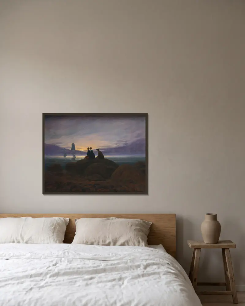 Månuppgång över havet av Caspar David Friedrich inramad på en vägg