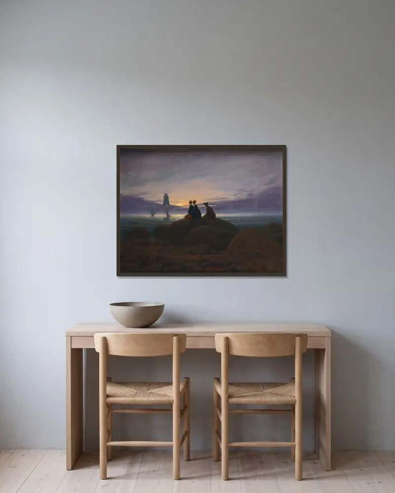 Månuppgång över havet av Caspar David Friedrich inramad på en vägg