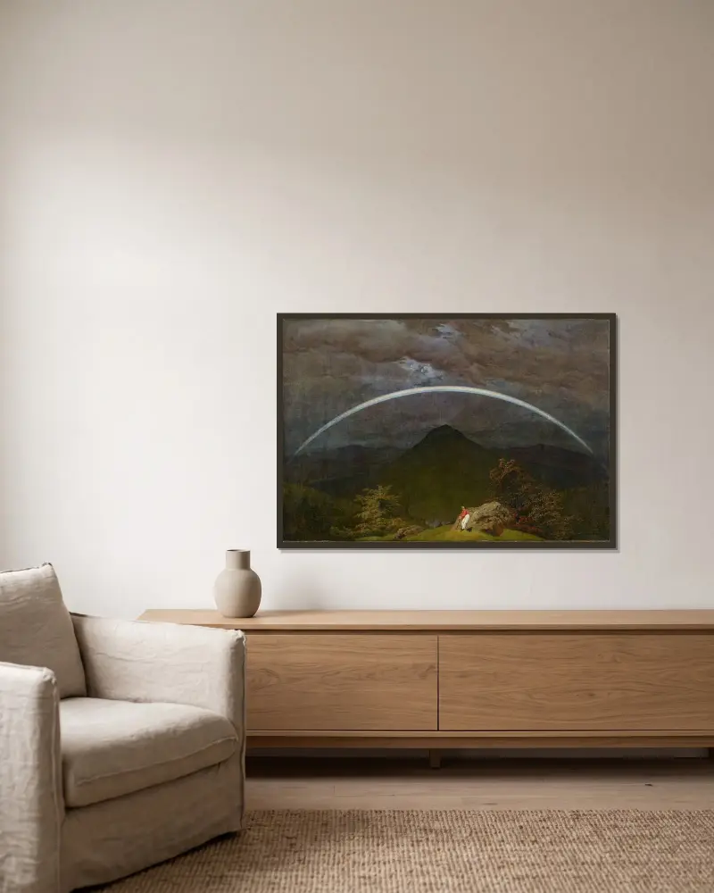 Berglandskap med regnbåge av Caspar David Friedrich inramad på en vägg