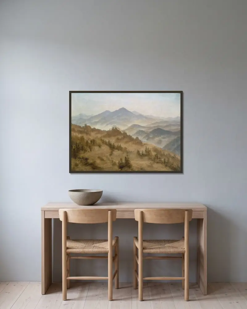 Berg i stigande dimma av Caspar David Friedrich inramad på en vägg