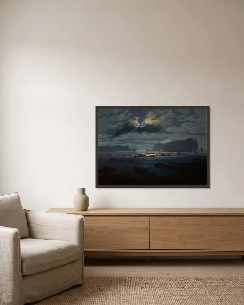 Nordhavet i månsken av Caspar David Friedrich inramad på en vägg