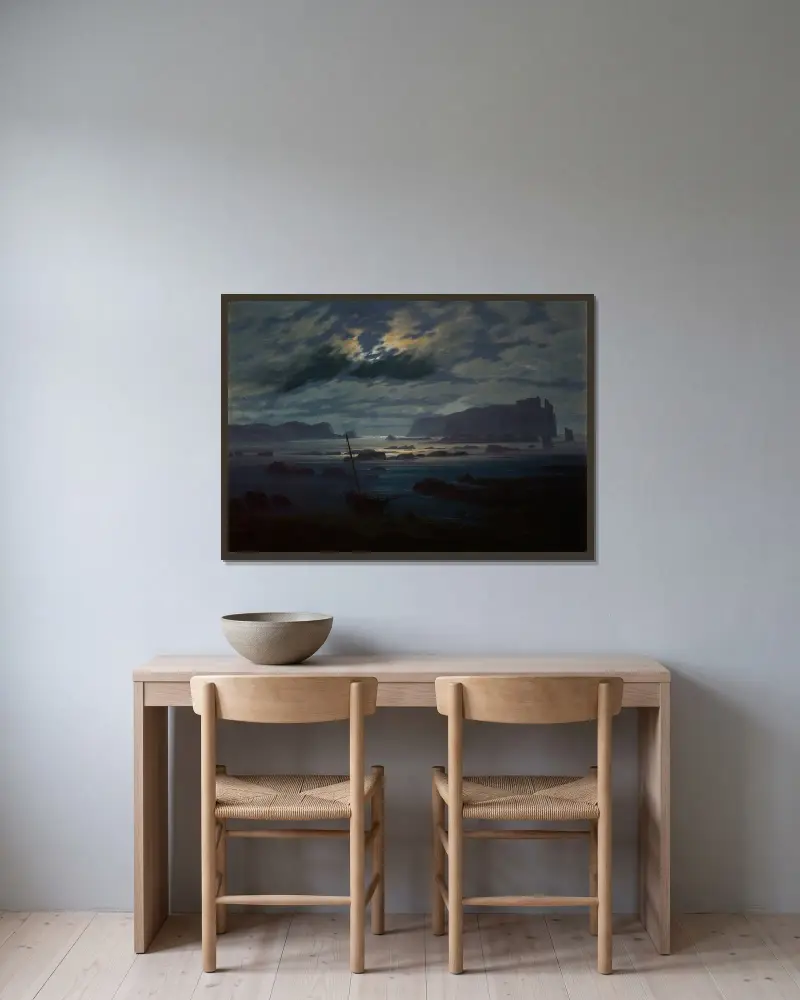 Nordhavet i månsken av Caspar David Friedrich inramad på en vägg