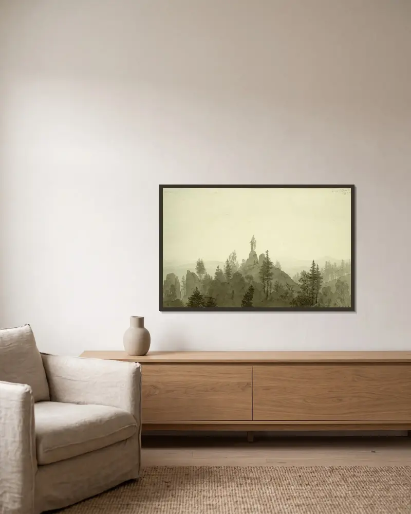 Madonnastaty i bergen av Caspar David Friedrich inramad på en vägg