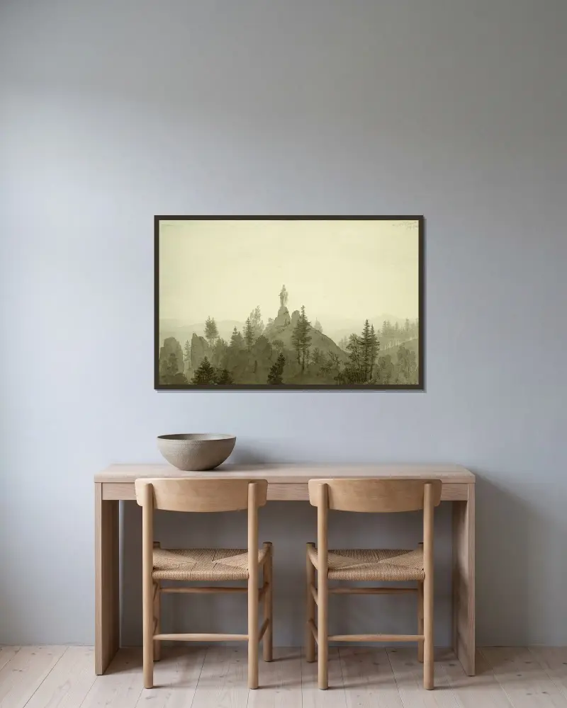 Madonnastaty i bergen av Caspar David Friedrich inramad på en vägg