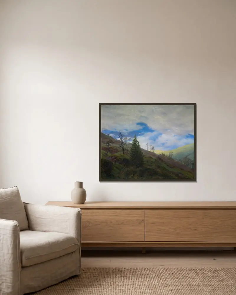 Solgenombrott i Riesengebirge av Caspar David Friedrich inramad på en vägg