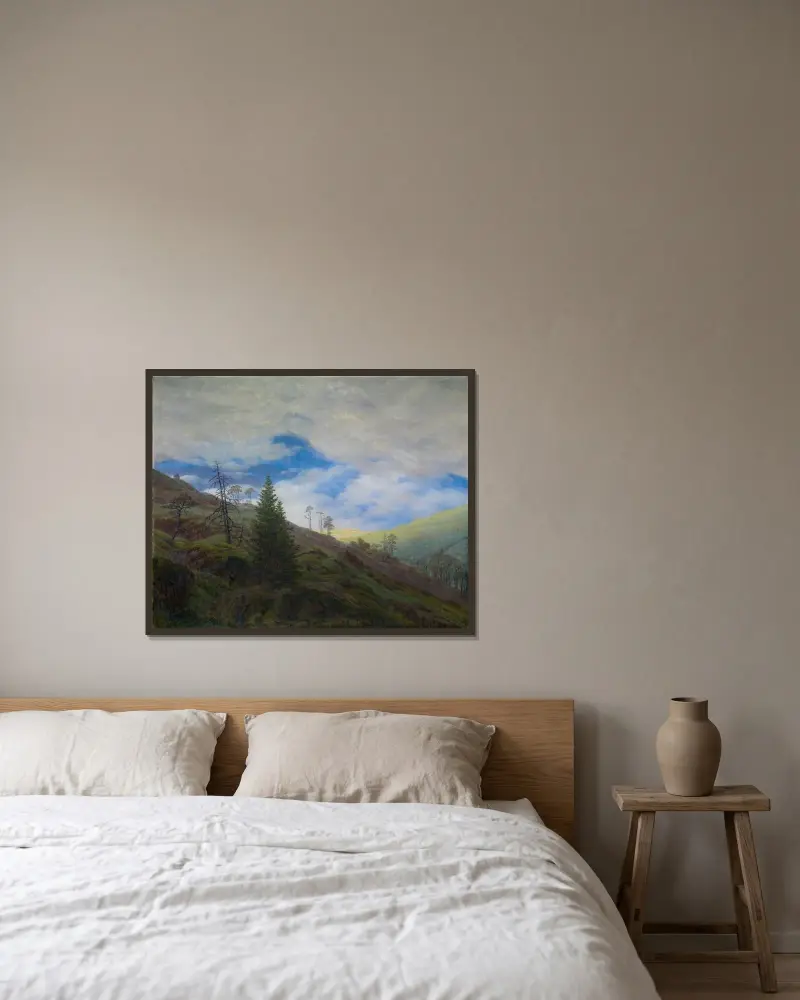 Solgenombrott i Riesengebirge av Caspar David Friedrich inramad på en vägg