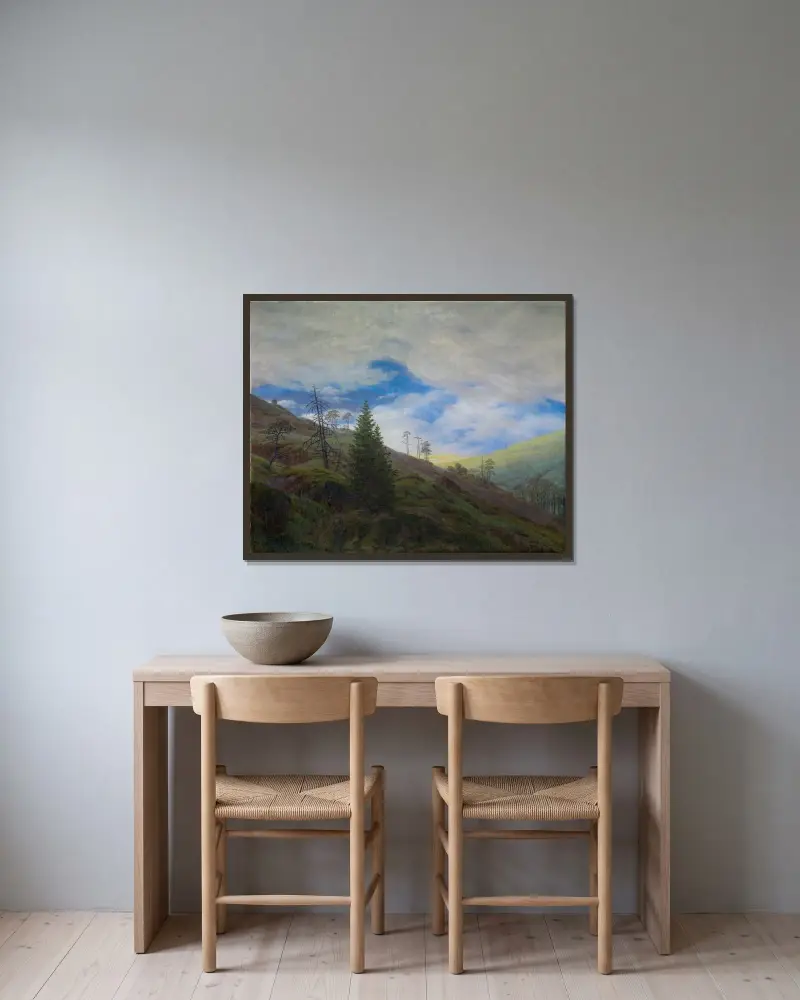 Solgenombrott i Riesengebirge av Caspar David Friedrich inramad på en vägg