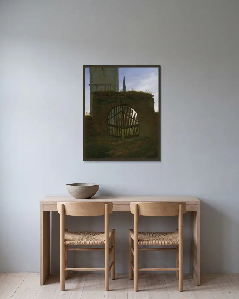 Kyrkogårdsporten (Kyrkogården) av Caspar David Friedrich inramad på en vägg