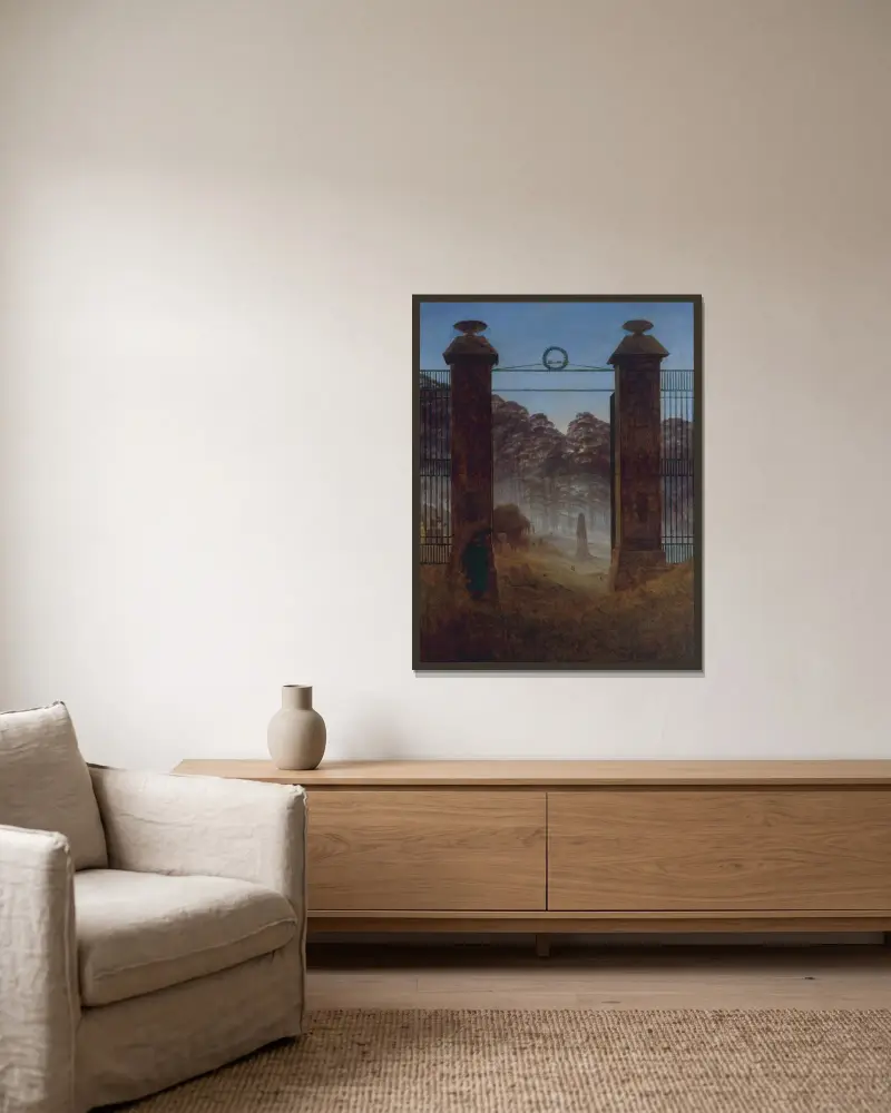 Der Friedhof von Caspar David Friedrich gerahmt an einer Wand