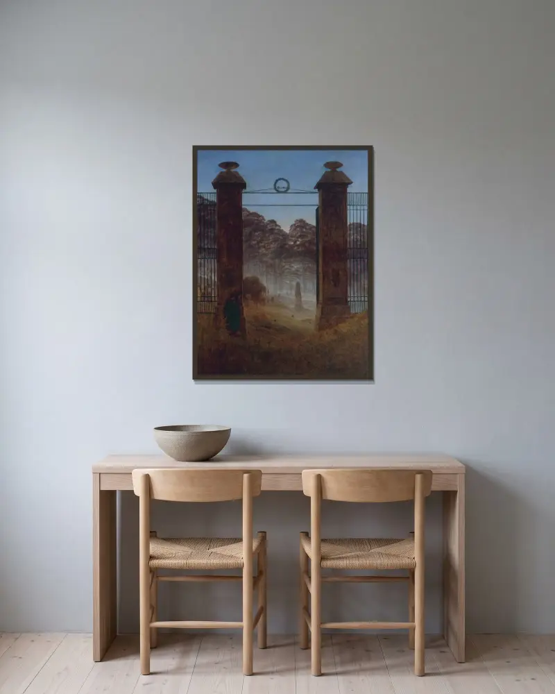 Der Friedhof von Caspar David Friedrich gerahmt an einer Wand
