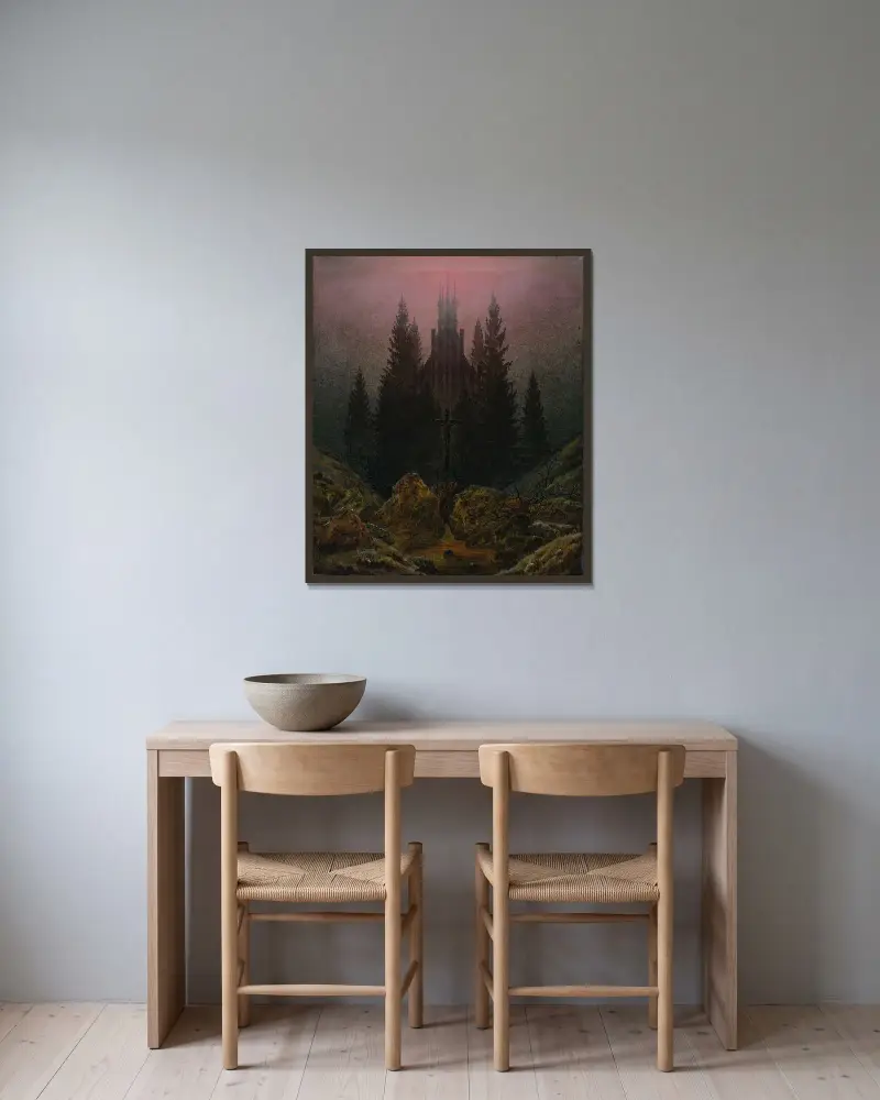 Korset i bergen av Caspar David Friedrich inramad på en vägg