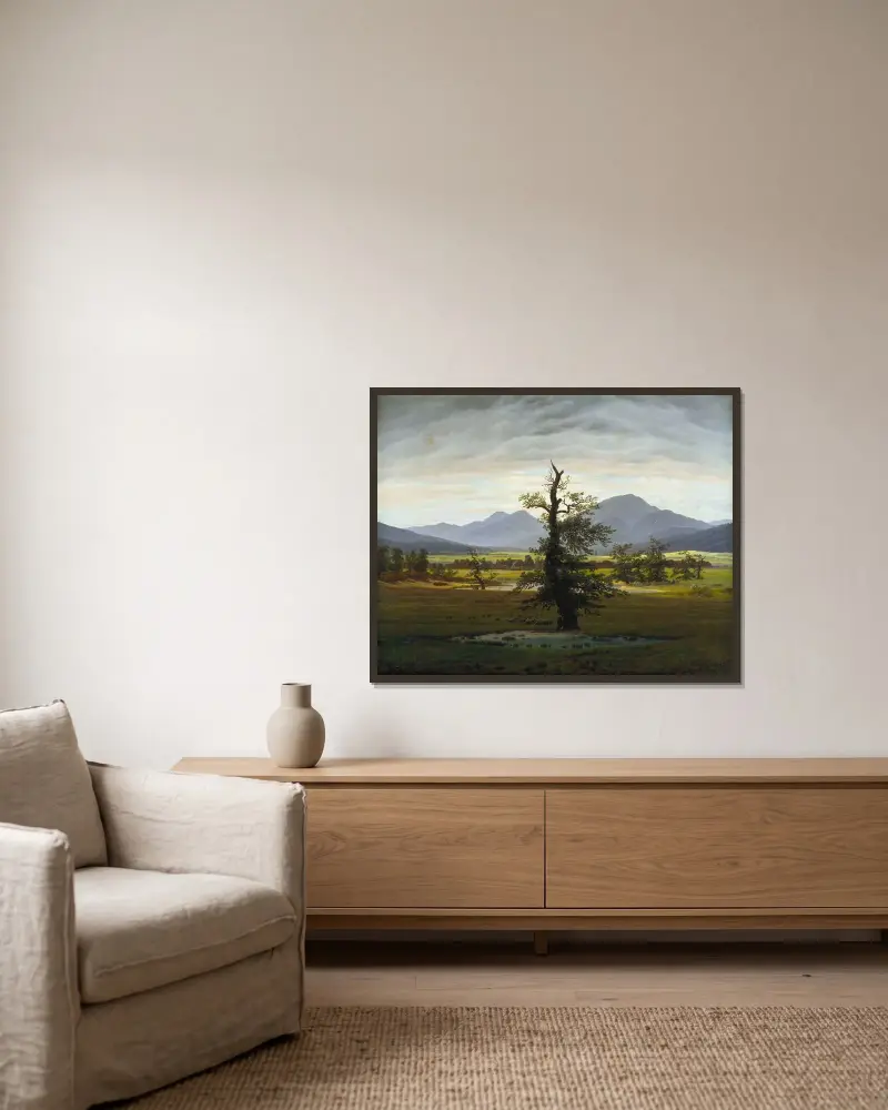 Bylanskap i morgonljus (Det ensamma trädet) av Caspar David Friedrich inramad på en vägg