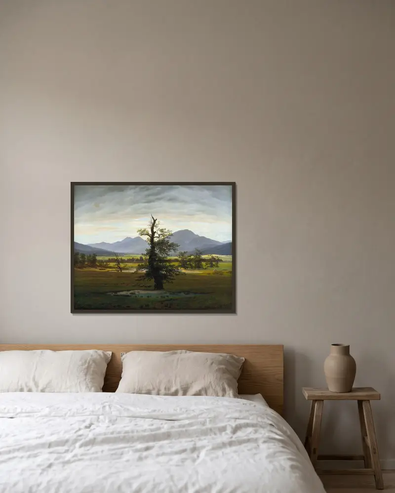 Bylanskap i morgonljus (Det ensamma trädet) av Caspar David Friedrich inramad på en vägg