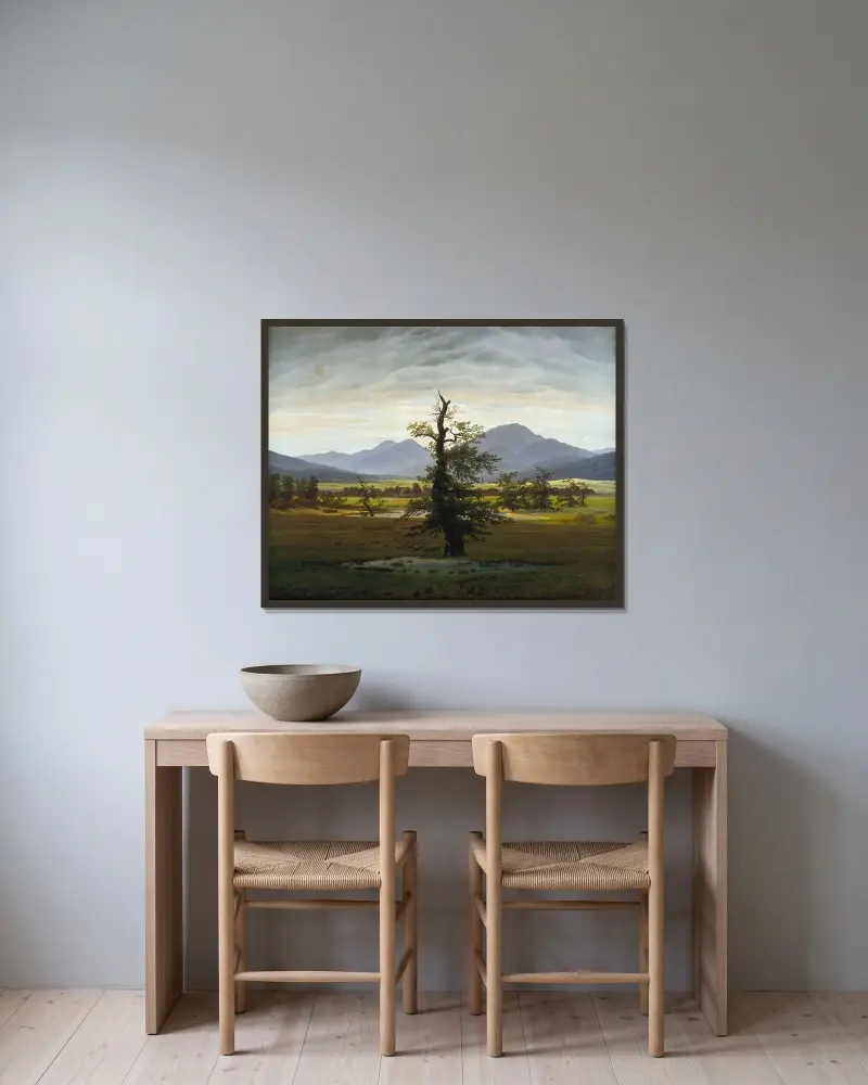 Bylanskap i morgonljus (Det ensamma trädet) av Caspar David Friedrich inramad på en vägg