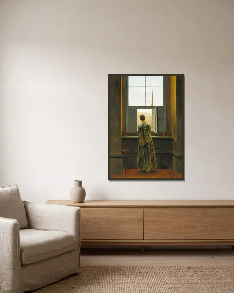 Kvinna vid fönstret av Caspar David Friedrich inramad på en vägg