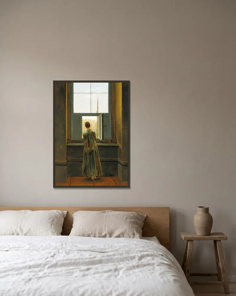 Kvinna vid fönstret av Caspar David Friedrich inramad på en vägg